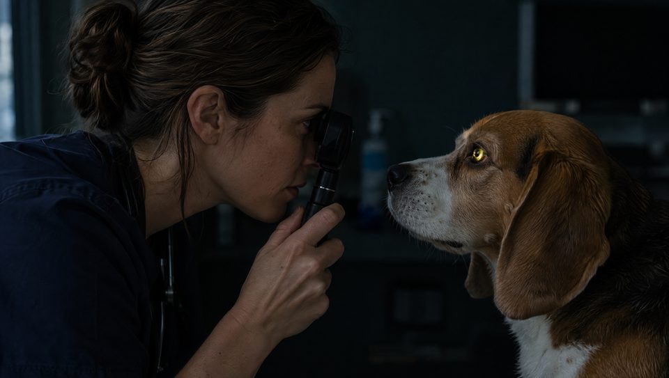 Veterinarian examining a beagle's eye with an ophthalmoscope